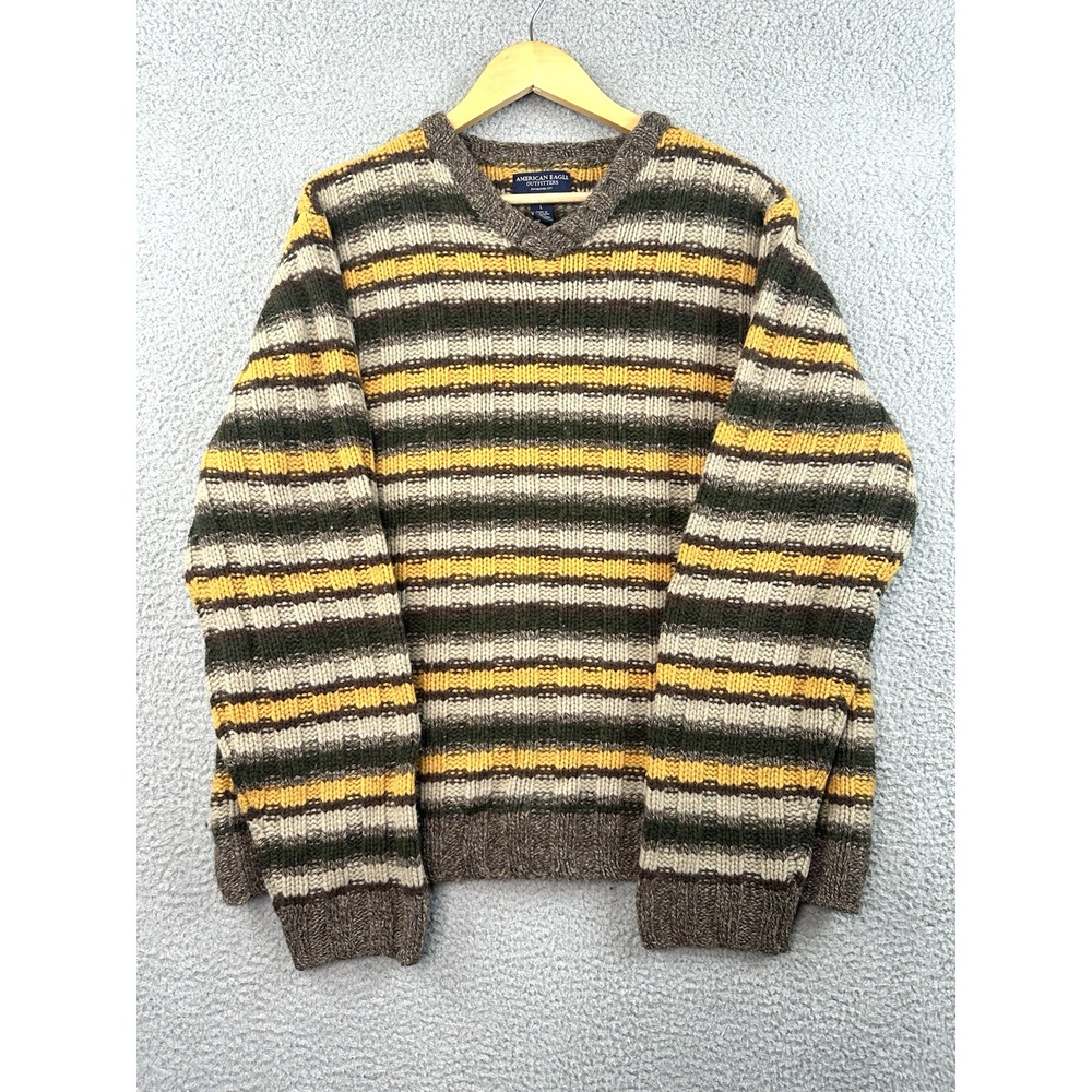 VTG American Eagle Outfitters Lambswool Sweater Men Large Yellow Brown Striped